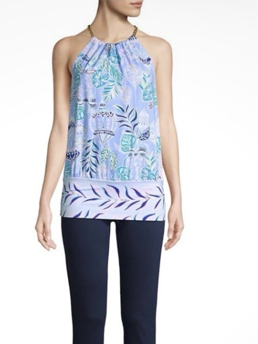 LILLY PULITZER Bowen Top Blue Peri Lapis Lantern Gold Chain Neck Jersey Sz S